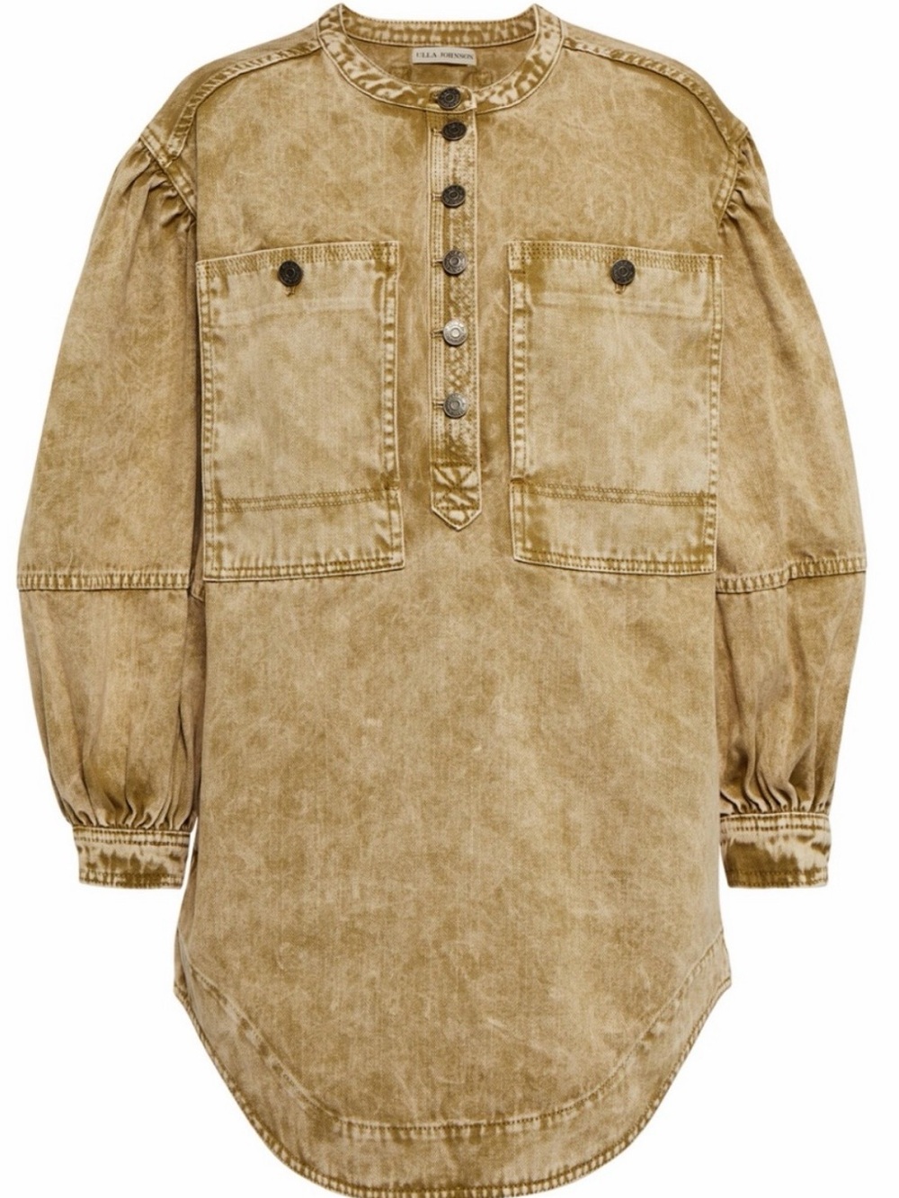 Ulla Johnson acid Washed neutral/tan denim puff sleeve Tunic Shirt dress